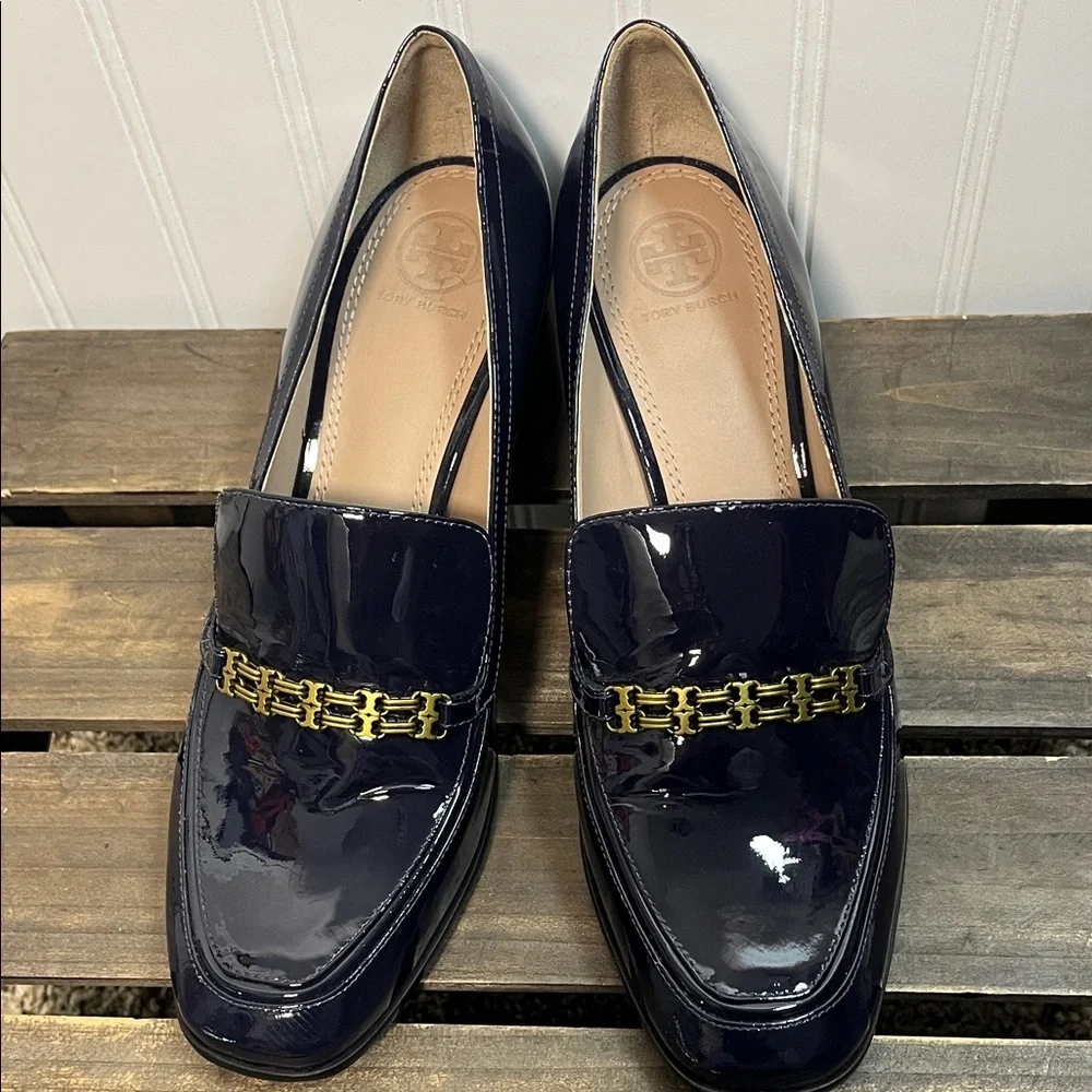 Tory Burch Navy Gemini Link Patent Mid Heel Loafers